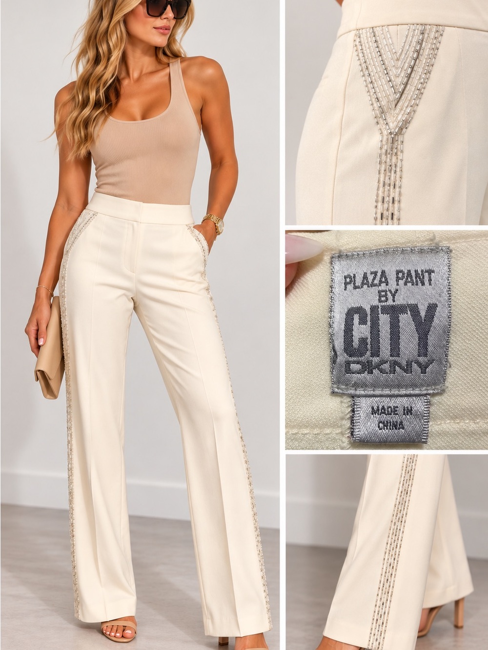 BEADED Vintage Y2K CITY DKNY Plaza Pant Ivory Trousers Size 4, 2000's FESTIVE